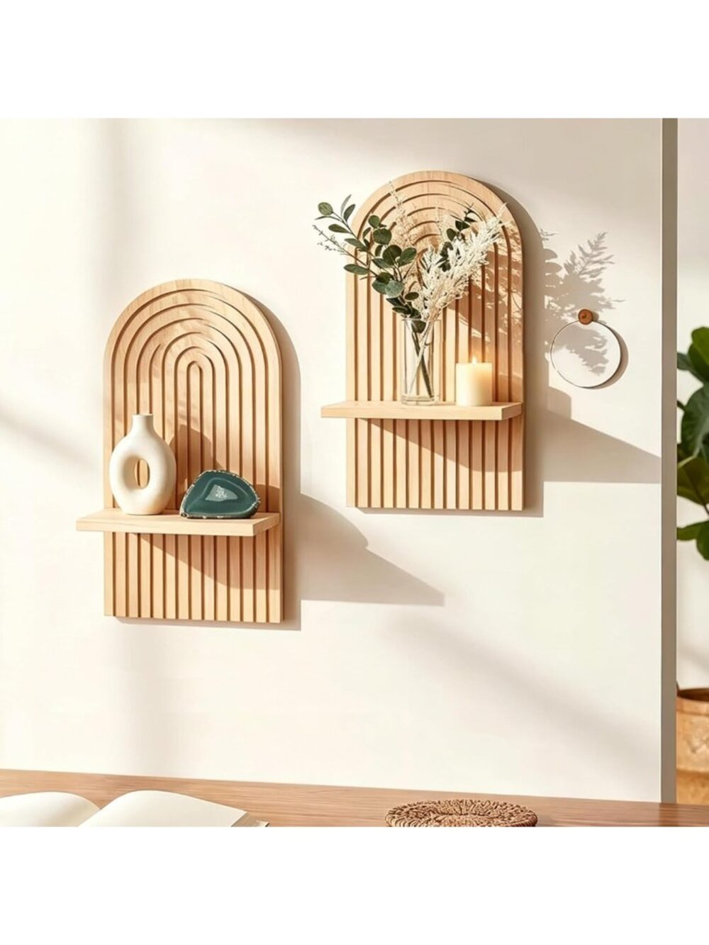 Boho Arched Wooden Wall Shelves Set of 2 - Mid-Century Modern Decor for Living